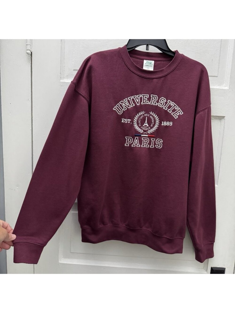 JHK Paris University Embroidered Crewneck Sweatshirt Burgundy Adult Large